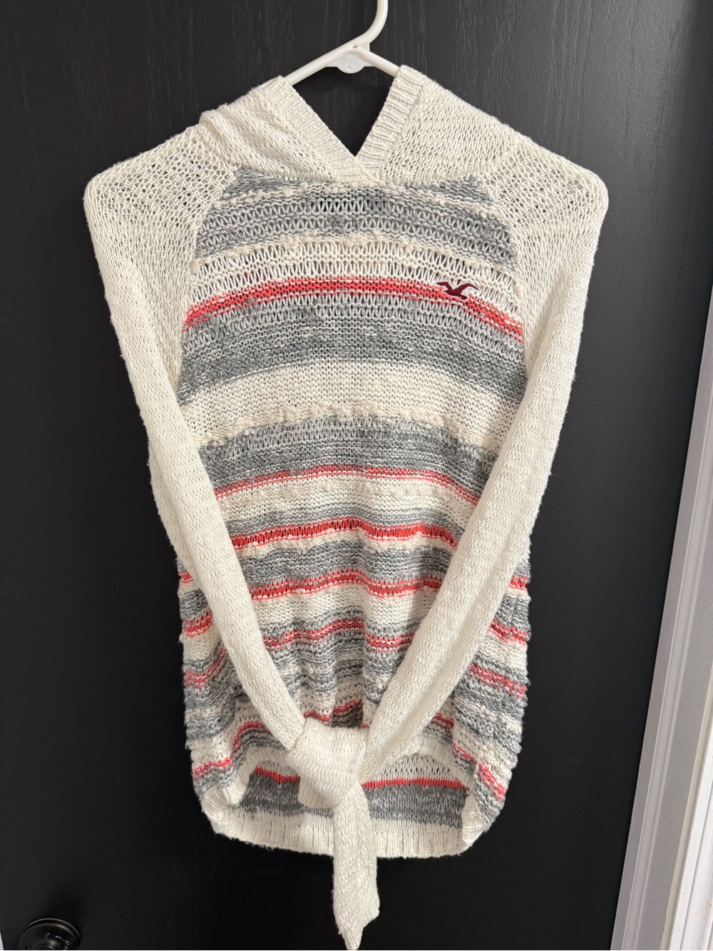 Hollister Cream V-Neck Striped Knit Sweater with Gray and Coral Accents